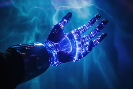 A robotic hand illuminated with bright blue lights extends into a dark setting, highlighting advanced technology.の写真素材