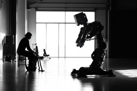 A person sits on a chair facing a robot in an expansive, well-lit industrial space.の写真素材