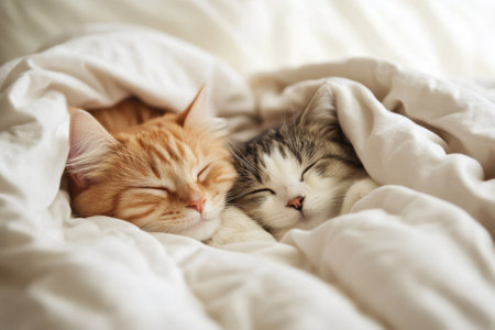 Two cats, one orange and one gray, sleep soundly together under a soft blanket in a serene environment.の写真素材