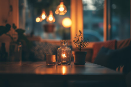 A warm and inviting space features a candle in a glass jar, a potted plant, and soft lighting.の写真素材