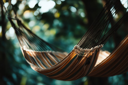 A tranquil hammock sways gently between trees, inviting relaxation in a peaceful, green environment.の写真素材