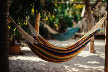 A vibrant hammock sways gently between trees under a canopy of lush foliage, inviting relaxation.の写真素材