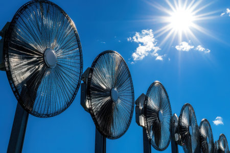 Industrial fans operate efficiently under a bright sun, providing cooling on a hot day with clear skies.の写真素材