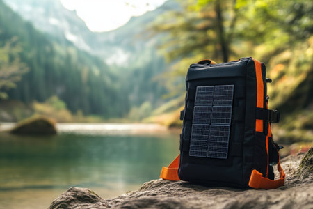 A solar-powered backpack sits on a rock next to a serene lake, with mountains in the background on a sunny day.の写真素材