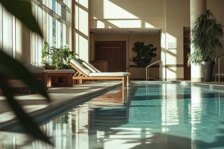 A calm atmosphere in a wellness center featuring a tranquil indoor pool and comfortable lounge chairs.の写真素材