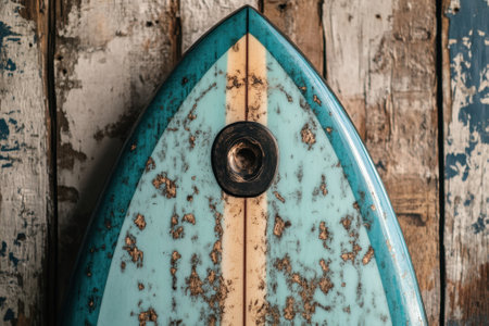 A vintage surfboard with a worn surface leans against a rustic wooden background, depicting surf culture.の写真素材