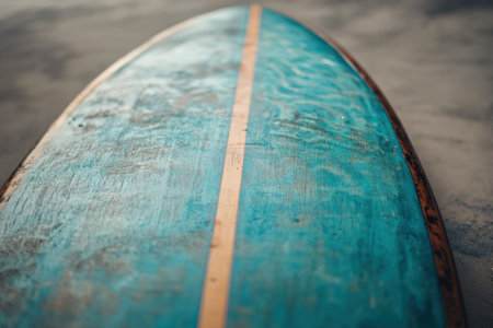 A weathered surfboard with a turquoise surface lies on the beach, reflecting the late afternoon light.の写真素材