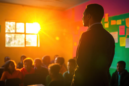A teacher interacts with students as sunlight streams through the window, creating a warm atmosphere.の写真素材