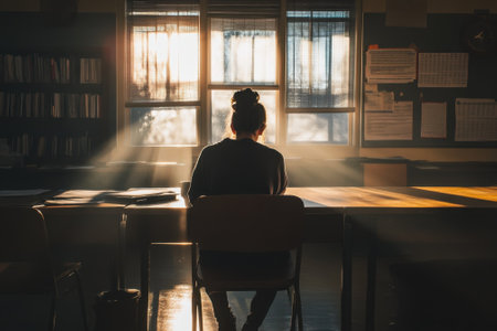 A person sits at a wooden desk in a classroom, bathed in warm sunlight during late afternoon hours.の写真素材