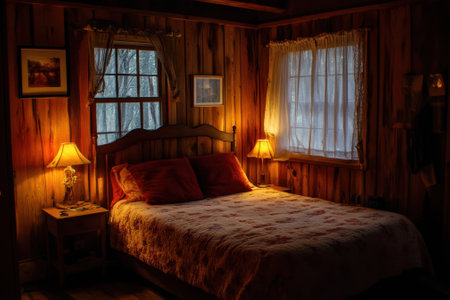 Warm light from bedside lamps creates a tranquil atmosphere in a rustic wooden bedroom at night.の写真素材