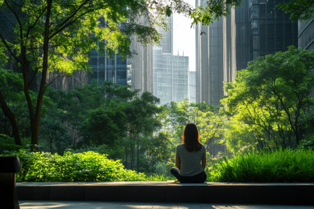 A woman sits peacefully in a lush green park, meditating amidst towering city buildings on a sunny day.の写真素材