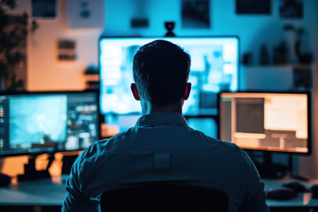 A person is intently engaged with three computer displays, surrounded by low lighting that enhances concentration.の写真素材