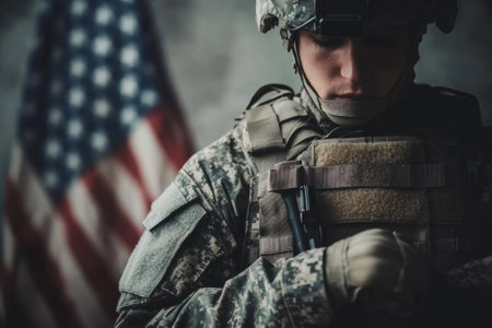 A soldier prepares his gear while standing near an American flag, focused and dedicated to duty.の写真素材