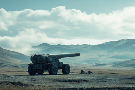 A large artillery piece stands alone on rugged terrain surrounded by mountains and dramatic clouds.の写真素材