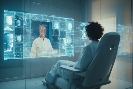 A scientist engages with a holographic display featuring digital projections of human figures in a modern lab.の写真素材