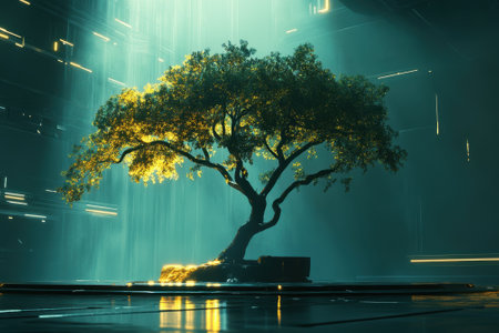 A solitary tree glows in a futuristic space filled with beams of light and digital patterns surrounding it.の写真素材