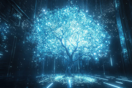 A luminous tree stands in a cybernetic landscape, surrounded by radiant lights and glowing particles at night.の写真素材