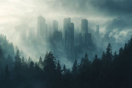 Tall, shadowy buildings rise above dense trees in a fog-covered forest during early morning light.の写真素材