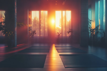 Warm sunlight streams into a tranquil yoga studio filled with plants during sunset, creating a peaceful atmosphere.の写真素材
