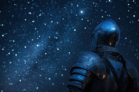 A knight in shining armor observes the vastness of a star-filled sky during a peaceful night.の写真素材