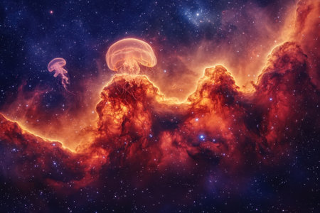 Colorful cosmic clouds resemble jellyfish as they float in the vastness of space, illuminated by stars.の写真素材