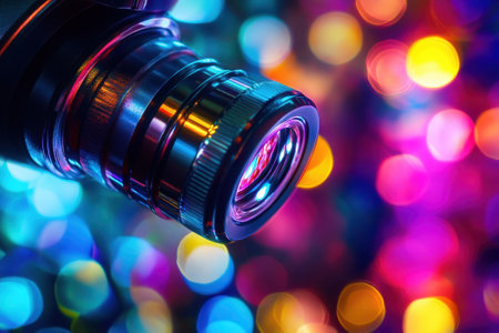 A close-up view of a camera lens reflecting vibrant bokeh lights, showcasing artistic photography skills.の写真素材