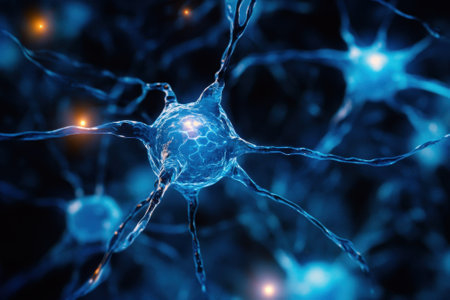 Complex neural connections are illuminated in vibrant blue colors, showing their detailed structure and function.の写真素材