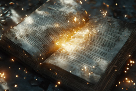 An open book lies in a dimly lit area, radiating sparks and glowing with mystical energy, surrounded by debris.の写真素材
