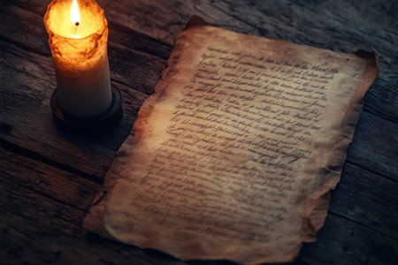 A candle casts a warm glow on an ancient handwritten document resting on a weathered wooden table.の写真素材