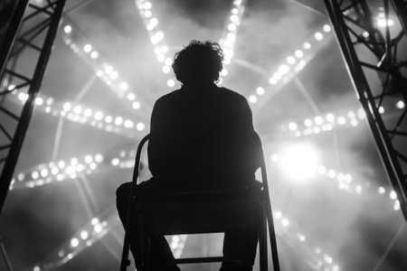 A lone performer sits on a ladder, silhouetted against bright stage lights, waiting for the show to begin.の写真素材