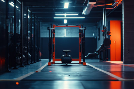 A well-equipped gym features a weight rack and a barbell in a spacious training area. Soft lighting enhances the design.の写真素材