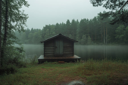A serene wooden cabin sits on the lake shore, surrounded by mist and tall trees during an early morning.の写真素材