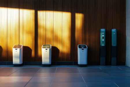 Sleek waste bins and recycling stations stand in an urban setting with warm wooden wall nearby.の写真素材