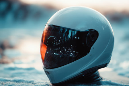 A sleek white motorcycle helmet is placed on snow, showing stunning sunset colors in its reflective visor.の写真素材