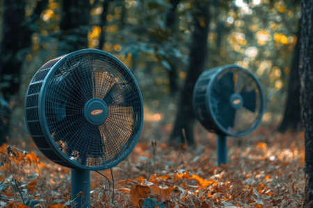 Two large fans stand among fallen leaves in a peaceful forest, soaking in warm afternoon sunlight.の写真素材