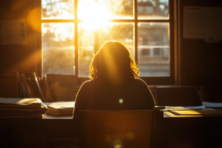 A person gazes out the window as the sun sets, casting warm light across the room and desk.の写真素材