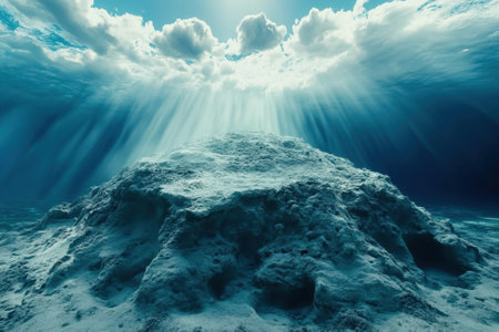 Bright sun rays penetrate the water, revealing a stunning underwater terrain with coral structures.の写真素材