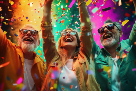 Three friends joyfully celebrate at a vibrant party, surrounded by colorful confetti and laughter.の写真素材