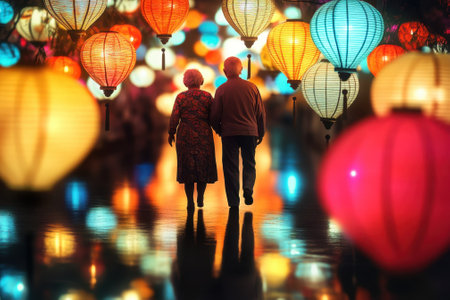 Elderly couple enjoys a romantic walk through a vibrant night market filled with colorful lanterns.の写真素材