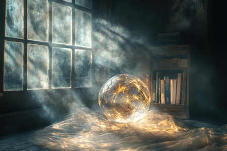 A glowing sphere casts enchanting light in a dimly lit room filled with books and soft shadows.の写真素材