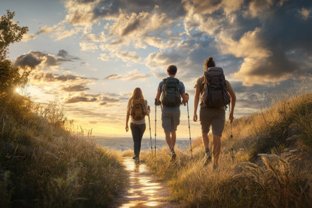 Three hikers with backpacks stroll on a trail during sunset, surrounded by nature and dramatic skies.の写真素材