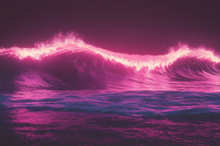 Waves illuminated with a pink hue breaking along the shore under a twilight sky create an enchanting view.の写真素材