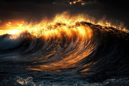 Golden sunlight reflects off fierce waves crashing against the shore at sunset, creating a breathtaking view.の写真素材