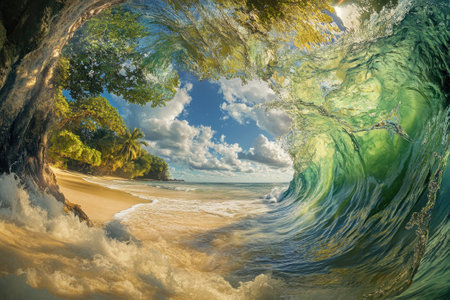A large wave curls dramatically towards the sandy beach, framed by lush greenery and a bright blue sky with clouds.の写真素材