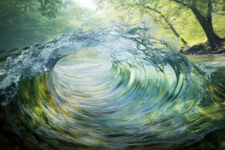 A powerful wave forms as sunlight filters through leaves, creating a tranquil atmosphere along the shore.の写真素材