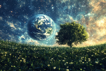 A peaceful landscape showcases a solitary tree amidst blooming flowers, with planet earth above in a colorful cosmos.の写真素材