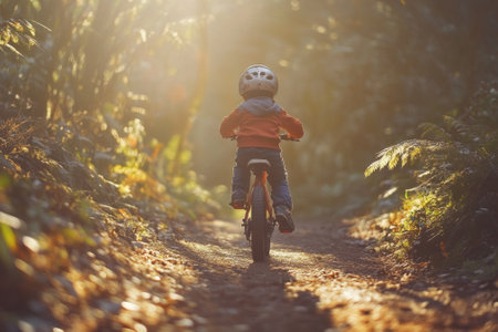 A young child rides a bicycle along a dirt path surrounded by lush greenery and sunlight filtering through trees.の写真素材