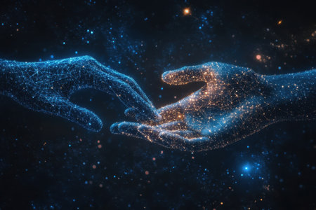 Two hands extend towards each other, illuminated by luminous energy in a vast cosmic background.の写真素材