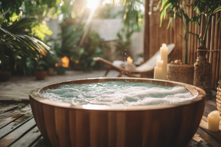 A wooden hot tub filled with bubbles is placed in a tranquil outdoor area with plants and candles at dusk.の写真素材
