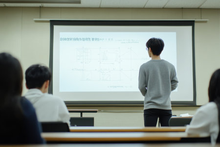 A student stands in front of classmates, presenting a technical project on a large screen in a classroom setting.の写真素材